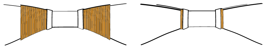 Variable sound absorption with curtains (left: extended - right: stored) - variable acoustics - acoustic curtains - acoustic drapes - performing arts