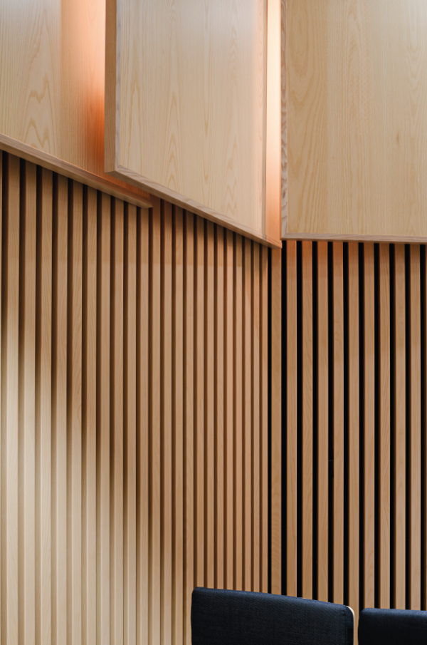 Acoustic design catalogue - Acoustic Timber slat systems - Gustafs Linear rib - sound absorption class - acoustic absorption - acoustic consultant - acoustic consulting